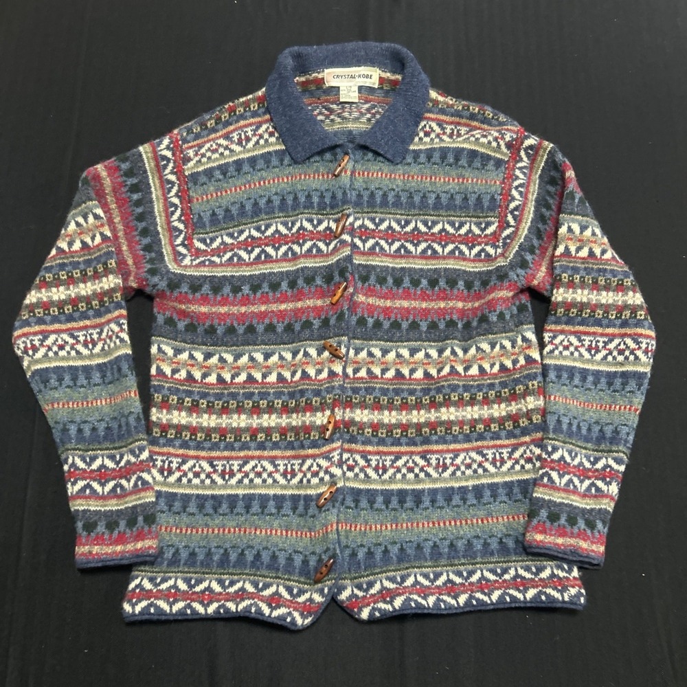Crystal Kobe Vintage 100% Shetland Wool Fair Isle Toggle Cardigan Sweater Blue L